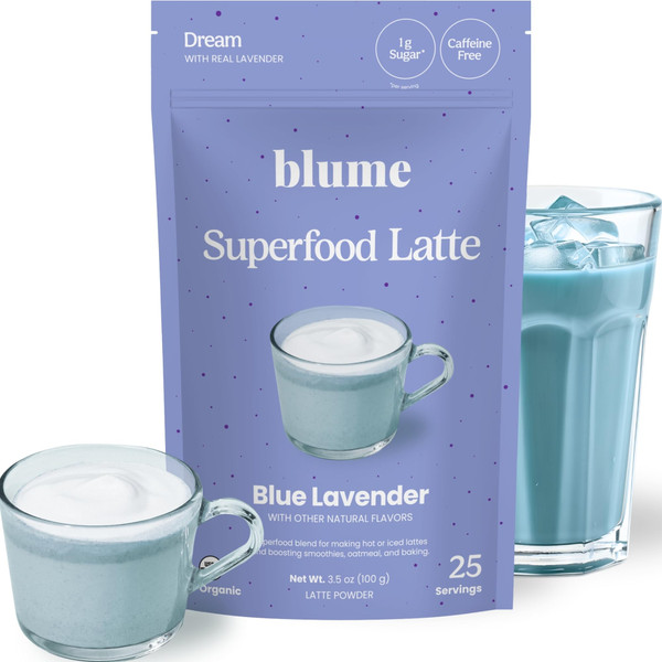 Blume Blue Lavender Superfood Latte Powder – Organic Lavender Tea Powder, Blue Spirulina, Blue Butterfly Pea Flower Tea, Chamomile, Coconut Milk - Caffeine Free, Vegan, 1g Sugar - 25 Servings