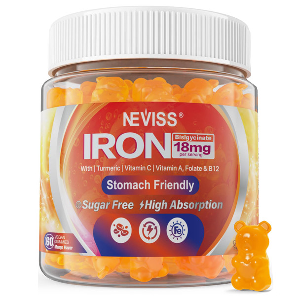 Vegan Iron Gummies Supplement with Vitamin C, B12, Folate & Turmeric - Energy & Immune Health | Gummy Iron Bisglycinate 18mg Gentle & Non-Constipating for Iron Deficiency, Anemia Women Men, 1 Pack
