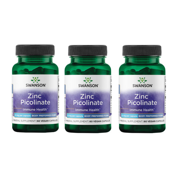 Swanson Zinc Picolinate Chelated Mineral Supplement for Adults Seeking Immune, Vision, and Prostate Support - Body-Preferred Form - 22 mg (60 Vegan Capsules, 3 Pack)