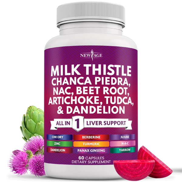 NEW AGE Milk Thistle NAC Chanca Piedra Beet Root Artichoke Dandelion Root Astragalus - Plus TUDCA & Ginger - 60 Count