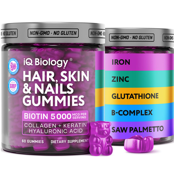 Biotin Gummies for Hair, Skin and Nails - Hair Growth Vitamins for Women & Men - Hair Loss Gummy Supplement with Extra Strength Biotin (Vitamin B7), Collagen, Keratin & DHT Blocker - 60 Chewable Bears