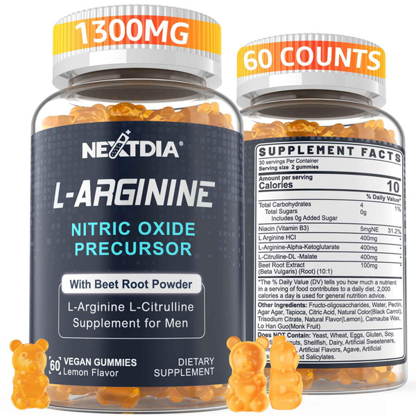 Nextdia Sugar Free L Arginine Nitric Oxide Gummies 1300mg for Men & Women with L Citrulline, Beet Root, B3 | L Arginine L Citrulline Supplements | Vegan, 60 Counts