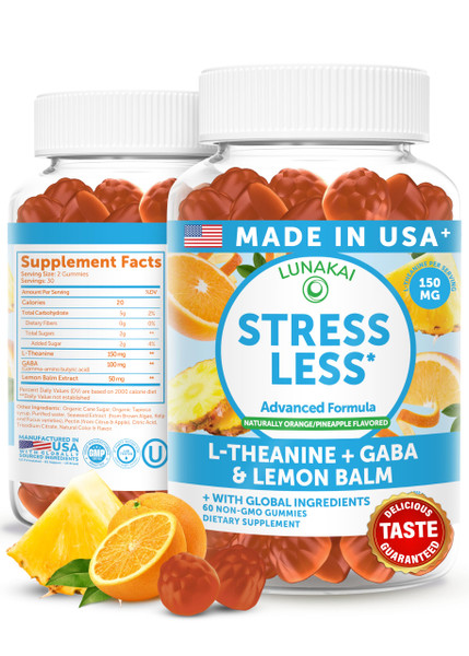 Lunakai USA Made Calm & Stress Relief Gummies – Delicious GABA + L-Theanine Calming Supplement for Adults & Kids – Natural Stress Support, 60ct
