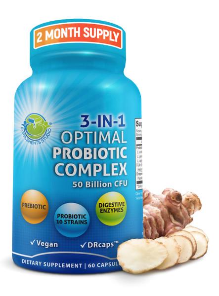 Probiotics with Digestive Enzymes and Prebiotic for Women and Men - 3-In-1 Vegan Probiotic Prebiotic Multi Enzyme Complex for Gut Health - Maximum Absorption Delayed-Release Capsules
