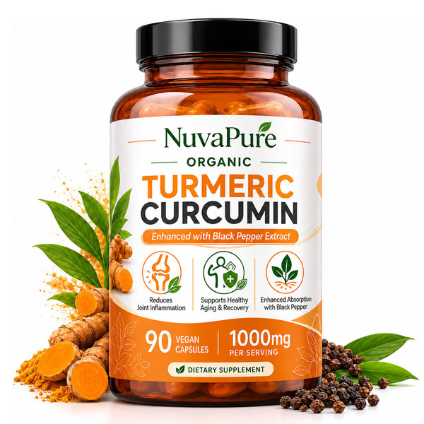 NuvaPure Turmeric Curcumin with Black Pepper – 1000mg Organic Turmeric Supplement, Joint Comfort Supports – 90 Vegan Capsules