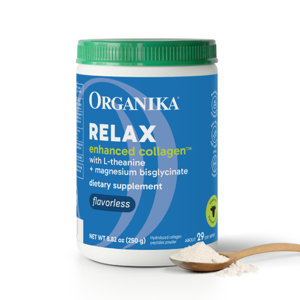 Organika Enhanced Relax Collagen Peptides Powder with L-Theanine & Magnesium Bisglycinate (9 oz): Enriched Collagen Powder for Women & Men - Skin, Hair, Joints - Sleep, Vitality, Relaxation