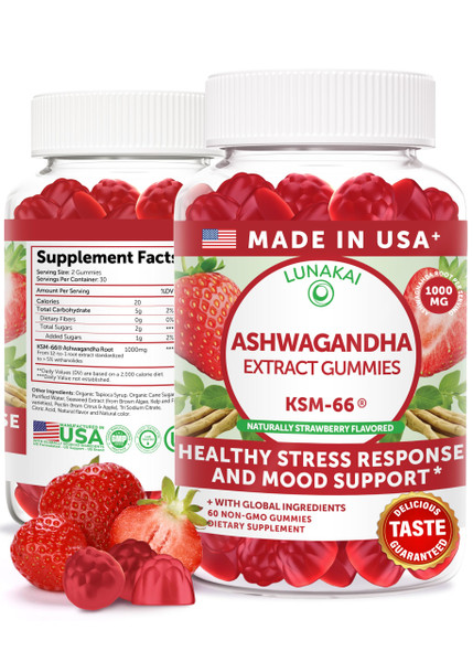 Lunakai USA Made KSM-66 Ashwagandha Gummies for Women & Men – Daily Vegan Supplement for Stress, Mood & Sleep Support, 60ct