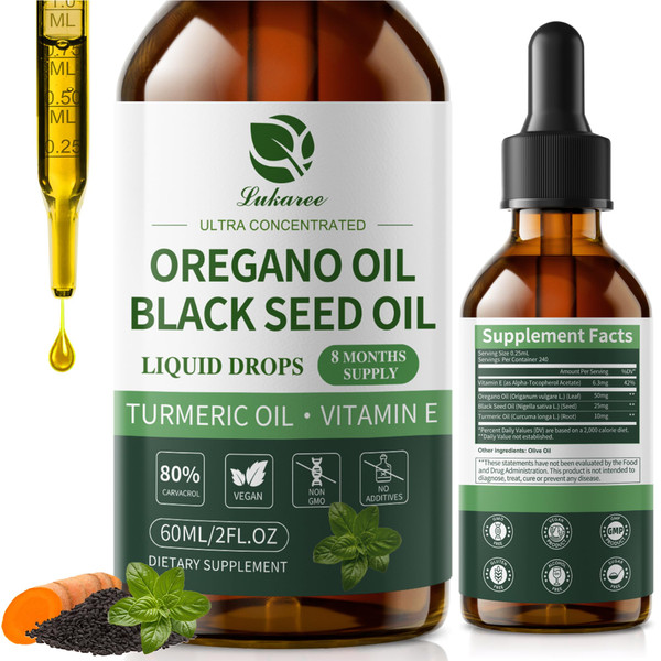 Oil of Oregano Drops with Black Seed Oil, 80% Carvacrol, 8 Month Supply