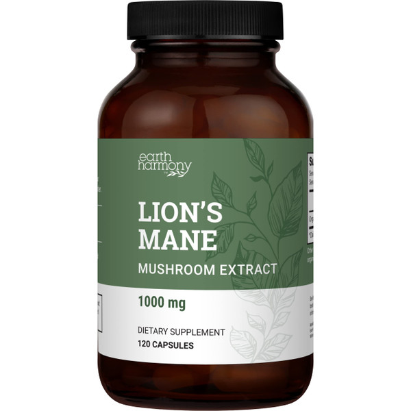 Earth Harmony Naturals Organic Lions Mane Supplement (1000mg), 2-Month Supply Lion's Mane Mushroom Supplement Extract to Support Focus, Memory (120 Capsules)