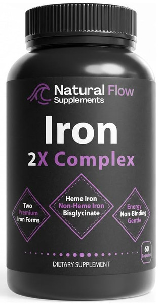Natural Flow 2X Iron Complex — Dual-Source Heme + Ferrous Bisglycinate, 28 mg Elemental Iron with Methylfolate, Methylcobalamin B12, B6, Vitamin C & Copper — Gentle on Stomach, Blood Building, 60 Caps