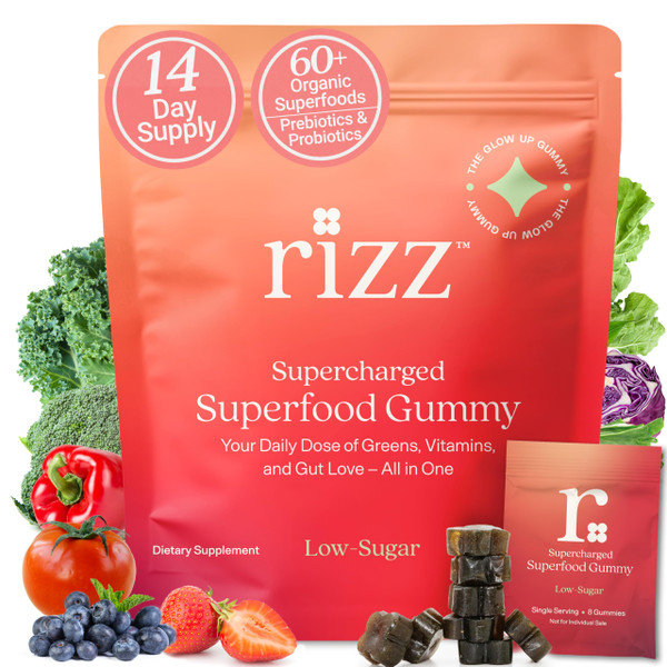 RIZZ Low Sugar Green Gummies - 60+ Superfoods 6g Fiber - 14 Day Supply Prebiotic and Probiotic Gummies - Vegan Multivitamins for Women & Men - Gluten Free - Mushroom, Fruit and Vegetable Supplements