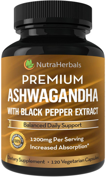 NUTRAHERBALS Ashwagandha Supplement Made with Premium Ashwaganda Root Powder 1200mg with Black Pepper Extract for Increased Absorption - 120 Capsules