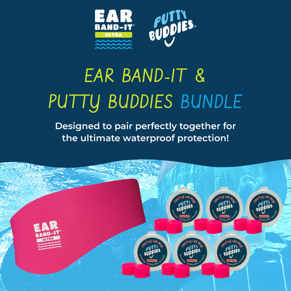 Earvolution Ear Band-It Ultra Swimming Headband & Floating Putty Buddies Silicone Ear Plugs Bundle, Doctor-Invented Waterproof System for Ear Tubes & Swimmer's Ear Prevention - Blue - Large