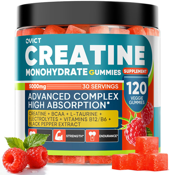 99.99% Creatine Monohydrate Gummies for Men Women 5g, 7-in-1 Pre-Workout Complex with BCAA, Taurine, B12/6 & Electrolytes, 6X Boost Energy, Muscle Strength & Recovery, Brain Focus, Vegan, Sugar Free