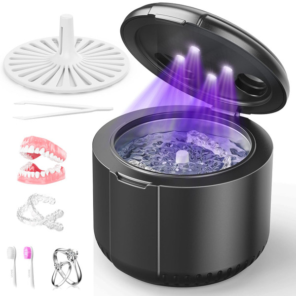 45kHz Ultrasonic Retainer Cleaner Machine, Dental Cleaning Pod with Digital Timer for Denture, Mouth Guard, Invisalign, Aligner, Night Guard, Braces, Toothbrush, Jewelry, 200ML Tank (Black)