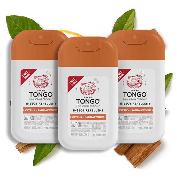 Grand Tongo DEET-Free Insect Repellent Spray, 12 Hour Mosquito Protection, Picaridin Pocket Pump Spray, 1 oz Travel Size, Citrus + Sandalwood, 3 Pack