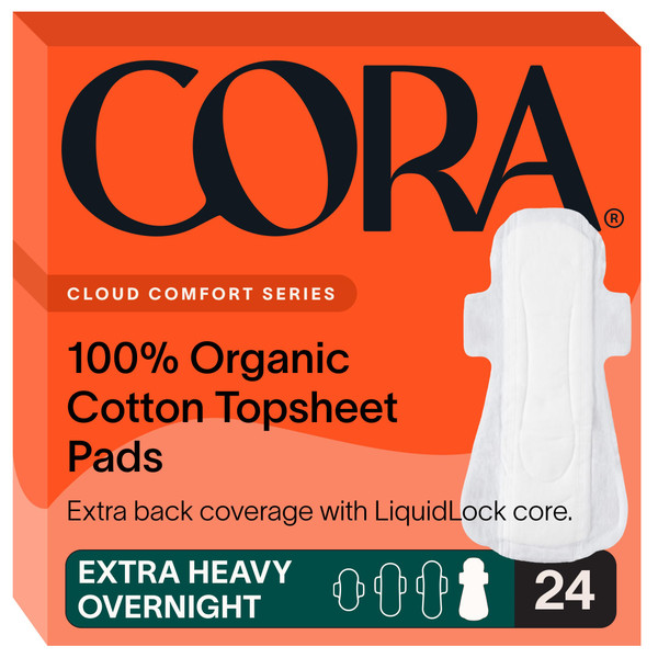 Cora 100% Organic Cotton Topsheet Pads Extra Heavy Overnight Pads (24 Count)