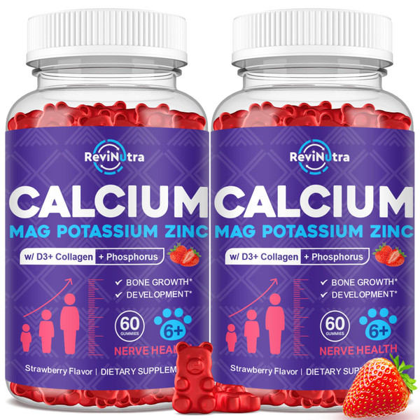 Calcium Potassium Magnesium Gummies for Kids & Adults, with Hydrolyzed Collagen, Zinc, Phosphorus, Multivitamin for Sleep, Bone Strength, Density Support, Sugar Free, Strawberry Flavor,120ct