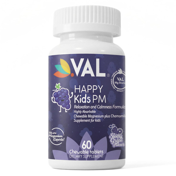 VAL Kids PM Magnesium Gummies | Sugar-Free Chewable Tablets with Chamomile, Magnesium Glycinate + Citrate + Taurate | Vitamin B6 & C | Natural Grape Flavor | Sleep & Calm Support | 60 Ct | Ages 4+