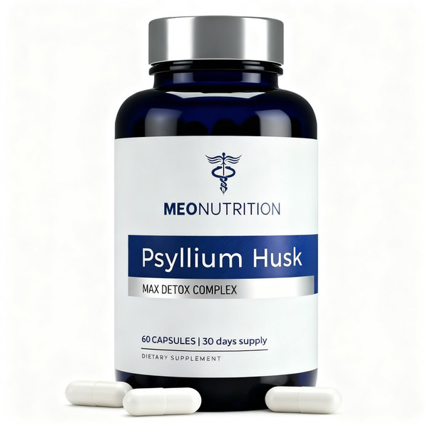 Meo Nutrition Psyllium Husk Capsules 1520mg - Max Detox Complex with Probiotics, Herbs & Fiber for Digestive Regularity & Gut Health Support* - Made in USA, Vegan - 60 Veggie Capsules