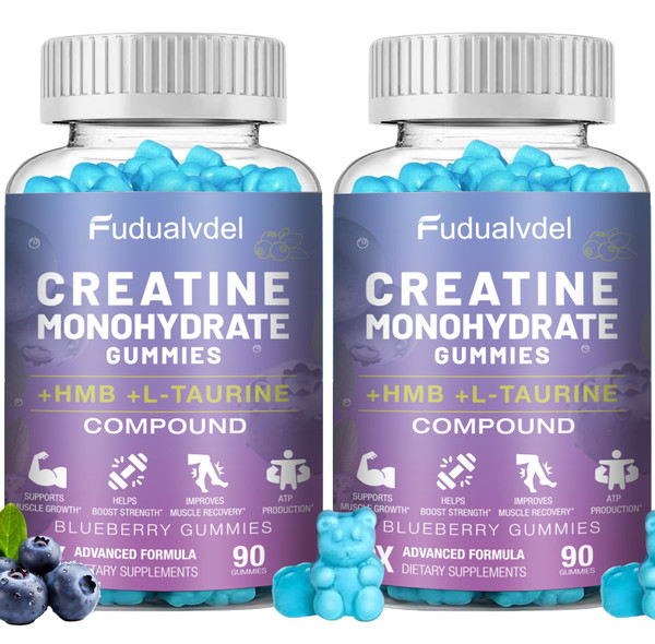 Fudualvdel 2 Pack 8000MG Creatine HMB Monohydrate Gummies with L-Taurine,Muscle Boosting,Energy Boosting,Vitamin B12, Men & Women,180 Blueberry Flavored Fudge,60 Days Supply