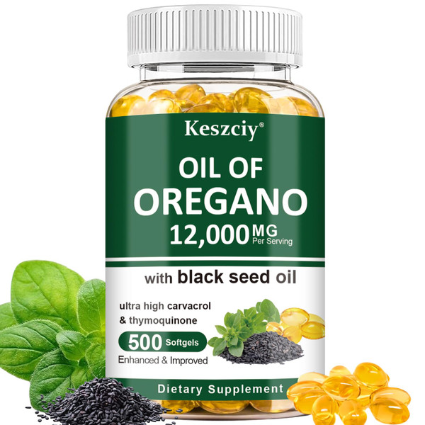 Keszciy 500 Softgels Oil of Oregano with Black Seed Oil, 2 in 1 Oregano Supplement for Immune Health, Retains High Concentrated Carvacrol & Thymoquinone, Non-GMO, 1 Pack