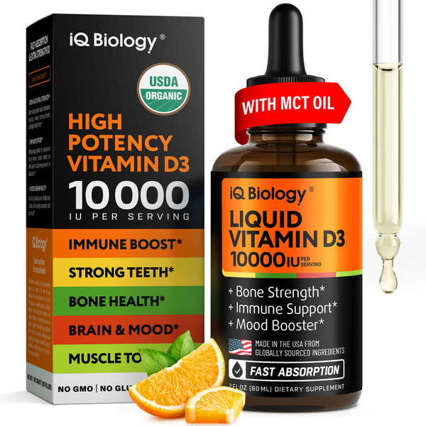 Liquid Vitamin D3 10000 IU - USDA Organic Vitamin D Drops for Adults & Kids