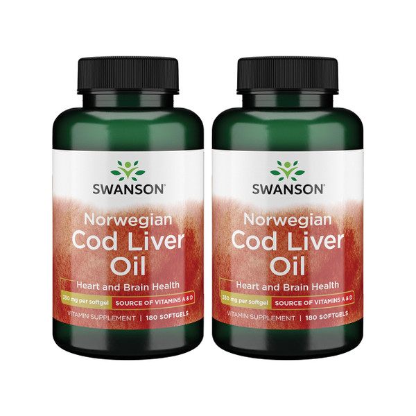 Swanson Cod Liver Oil with Vitamin A, 350 mg, 180 Softgels, 2 Pack
