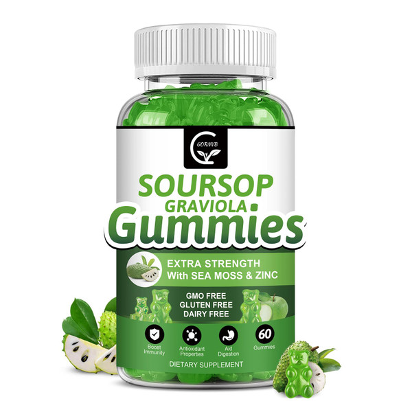 Organic Soursop Graviola Gummies - 2200mg Extra Strength Soursop Leaves Extract w/Sea Moss Extract 200mg, Zinc & Vitamin C - Supports Immunity, Liver, Zzz & Antioxidant, Gluten Free, Vegan, 60 Gummies