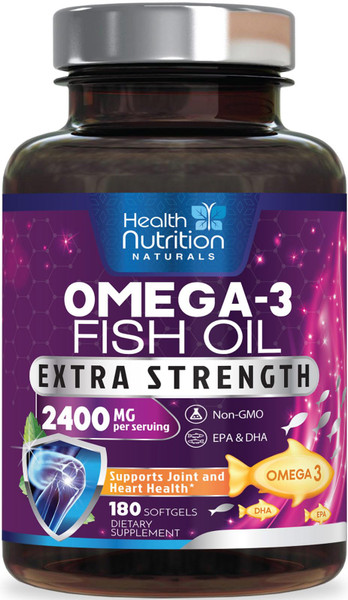 Omega 3 Fish Oil Supplements - 2400mg Fish Oil Per Serving - Triple Strength Omega-3 with EPA & DHA Fatty Acids - Natural Heart, Brain & Immune Support - Wild Caught, Bottled in USA - 180 Softgels