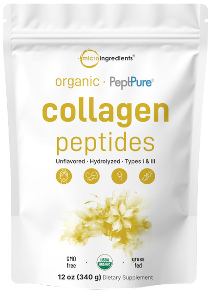 Micro Ingredients Collagen Peptides Powder Organic, 12oz | Type I & III + Natural Protein | Grass-Fed Bovine Source | Unflavored | Supports Skin, Joint & Bone Health | Paleo, Non-GMO