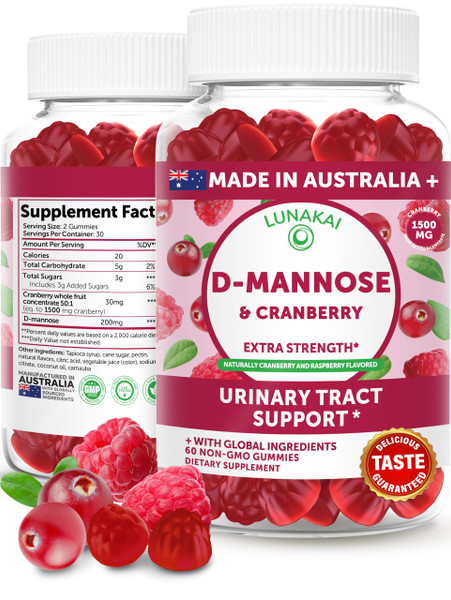 Lunakai Cranberry Gummies for Women 1500mg (50:1 Extract) with D-Mannose 200mg - Daily Cranberry Supplement for Urinary Tract Health & Bladder Support, Non-GMO – Made in Australia – 60ct