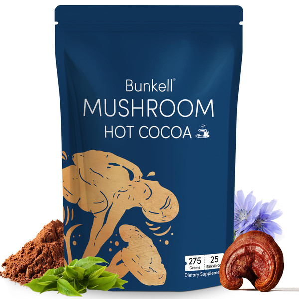 Bunkell Mushroom Hot Cocoa, Adaptogenic Mushroom with Reishi, L-Theanine, Chicory, Melatonin & Glycine, Melatonin, Sleep Hot Cocoa Supplement for Sleep and Stress Support, 25 Servings 1 Pack