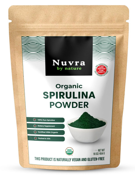 Nuvra by Nature Organic Spirulina Powder Supplement, 16 oz | 100% Pure Spirulina | Blue-Green Algae, Naturally Rich in Vitamins & Minerals | Vegan, Gluten-Free, No Additives, Lab Tested, Packed in USA