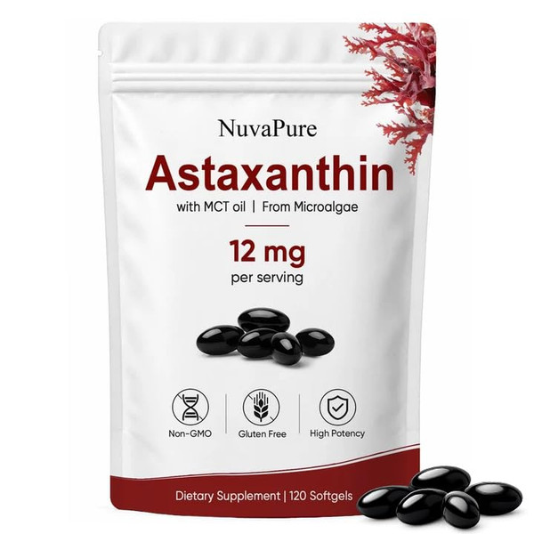 PlocoXe NuvaPure Astaxanthin 12mg Softgel Capsules with MCT Oil –Supports Antioxidant, Skin Radiance & Eye Health, Non-GMO, Gluten Free, 120 Count