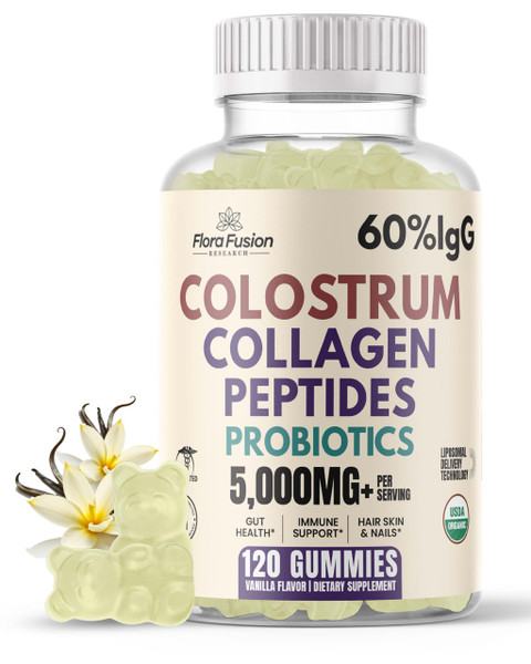 Colostrum Gummies I Collagen Peptides I Probiotics 5000+ mg w/ 60% IgG I Immunity Support & Gut Health - Liposmal Technology - U.S. Sourced Superfood - Grass-Fed Bovine - 120 gummies (Vanilla Flavor)