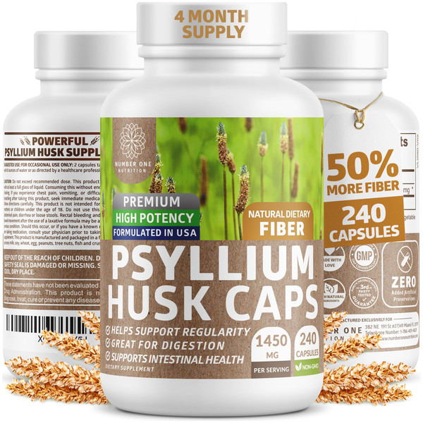 Psyllium Husk Capsules 1450mg, Soluble Fiber Support, 240 Caps