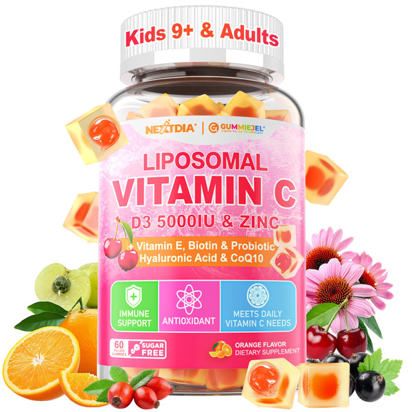 Liposomal Vitamin C 1000mg + D3 5000IU + Zinc Gummies for Kids/Teens 9+ & Adults, for Women, Elderberry for Immune, Folate, Hyaluronic Acid, VE, for Beauty, Energy, Overall Health, Sugar Free Chewable