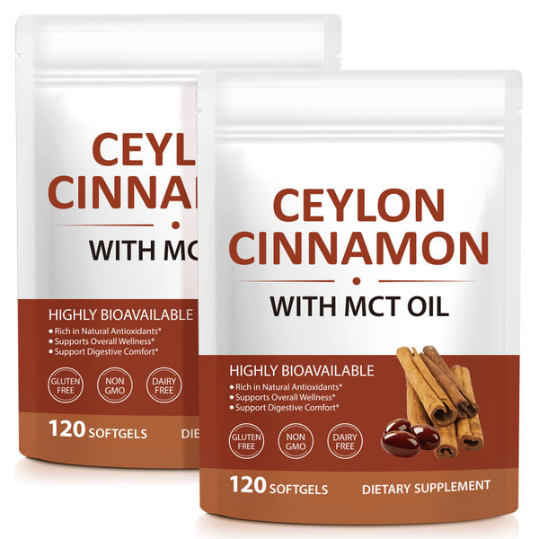 vopxccvy Ceylon Cinnamon Softgels 2 Pack Equivalent with MCT Oil, True Cinnamomum Verum Extract, Highly Bioavailable Daily Herbal Supplement, Non-GMO & Gluten Free, 120 Softgels
