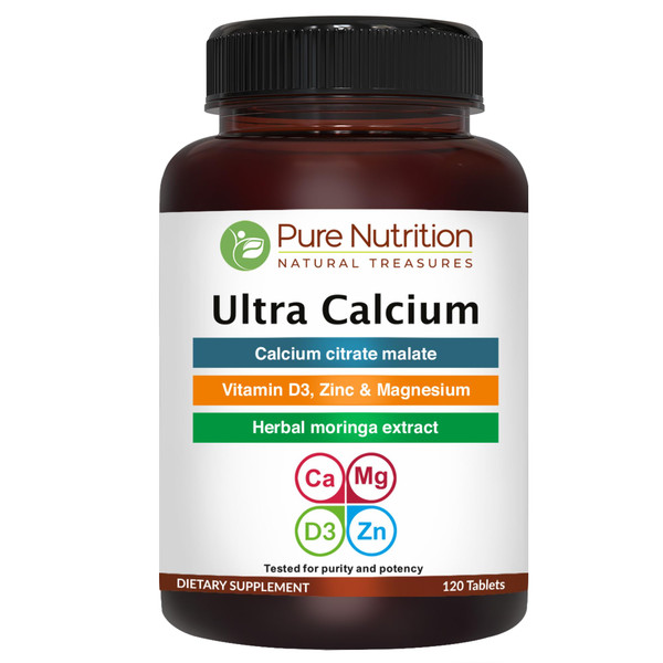 Pure Nutrition Ultra Calcium 1000mg with VIT D3 + K | 120 Tab | Calcium Supplement with Calcium Citrate Malate, VIT D3, K, Moringa Oleifera, Magnesium and Zinc.