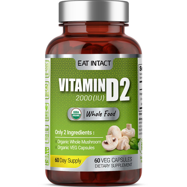 EAT Intact USDA Organic Vegan Whole Food Vitamin D (D2), 2000 IU (50 mcg), Bone & Immune Support, UV-Exposed Whole Mushroom, 2 Ingredients, No Additives or Fillers, Third-Party Tested, 60 Day Supply.
