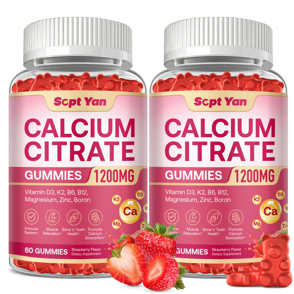 Calcium Citrate Gummies 1200 mg, Calcium Gummies Supplements for Women & Men with Vitamin D3, K2, Magnesium, Zinc, B6 & B12 High Absorption for Bone Muscle & Immune Support,Strawberry Flavor,120 Ct