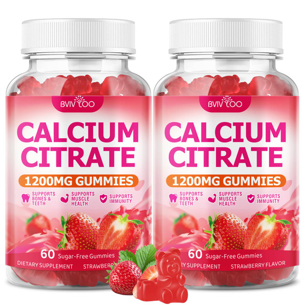2 Packs High Absorption Calcium Citrate Gummies 1200mg - Bone & Teeth Support for Adults & Kids, Vegan Sugar-Free Gummies, Strawberry Flavor, 120 Count