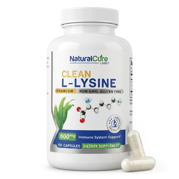 Natural Cure Labs Clean L-Lysine 600mg, 120 Capsules | Vegan, Non-GMO, & Gluten Free