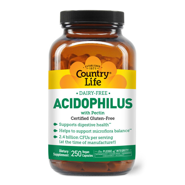Country Life Acidophilus Probiotic Supplement for Women & Men - Free from Common Allergens - 2.4 Billion CFUs to Support Digestive Health - Dairy-Free, Non-GMO, 250 Vegan Capsules