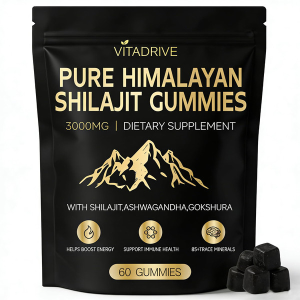 Vitadrive Himalayan Natural Shilajit Gummies, Shilajit Gold Gummies Energy Boost, 85+ Trace Minerals and Fulvic Acid for Energy Boost, All-Natural Sugar-Free Vegan for Men & Women, 60 Count