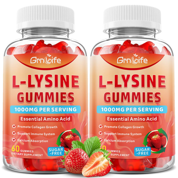 2 Pack L-Lysine 1000mg Gummies, Chewable Lysine Supplement for Adults & Kids, Essential Amino Acid Supplement for Immune Support, Collagen Formation Support, Strawberry, 120 Count