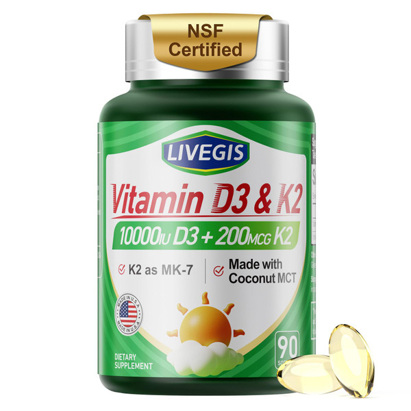 LIVEGIS Vitamin D3 K2 10000 lU with NSF Certified for Immune System