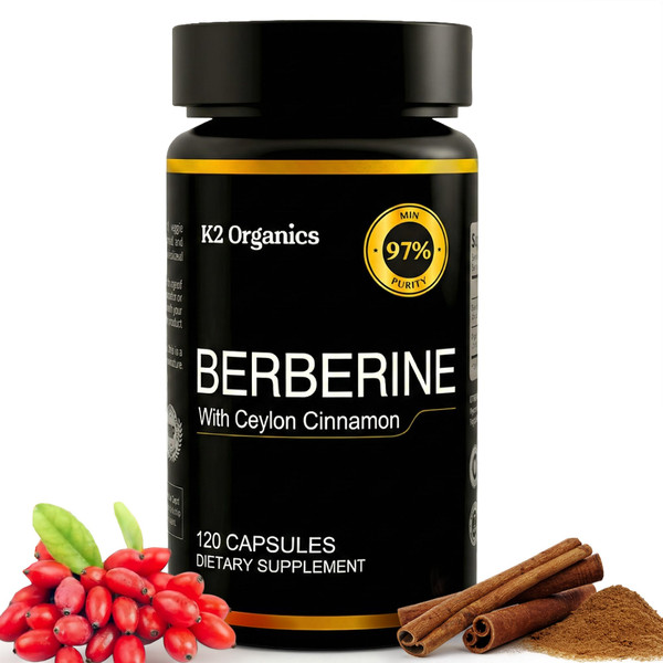 K2 Organics Berberine with Ceylon Cinnamon 1200mg – 97% Purity- Non-GMO, Gluten-Free, Lab-Tested Vegan Berberine Supplement (120 Count)
