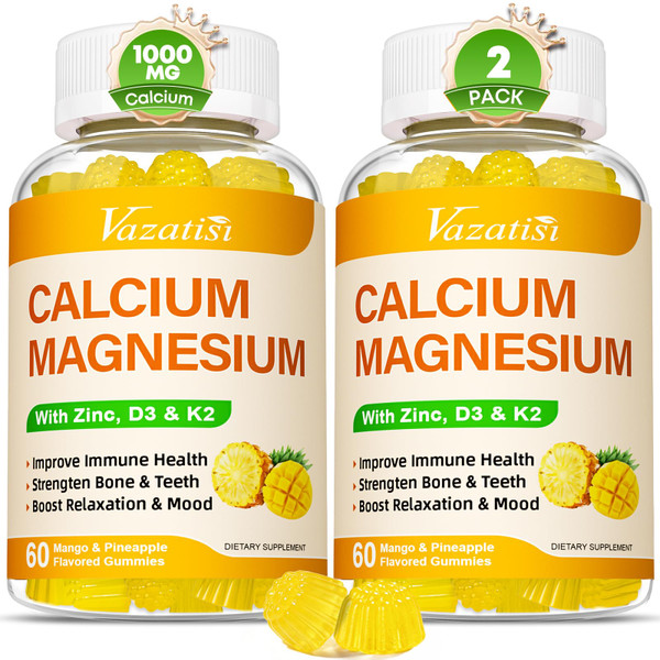 Calcium Magnesium Zinc Gummies with Vitamin D3 and K2, High Absorption Magnesium Glycinate Potassium for Immune and Calm Mood, Vegan Mango and Pineapple Flavor 120 Gummies